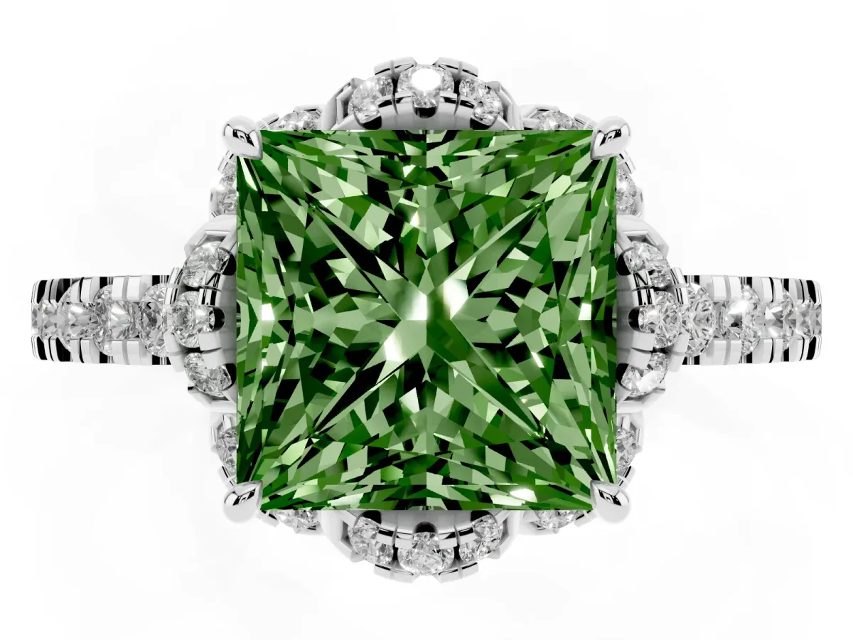 Fancy Green Princess Cut Halo Diamond Pave Band Ring with Four-Prong Setting Silver