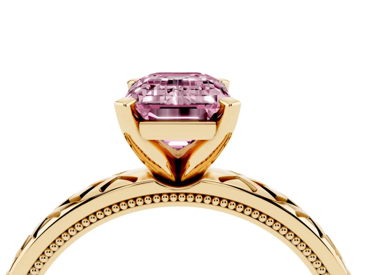 Fancy Pink Emerald Cut Solitaire Diamond Ring with Milgrain and Black Enamel X Pattern Band Yellow gold