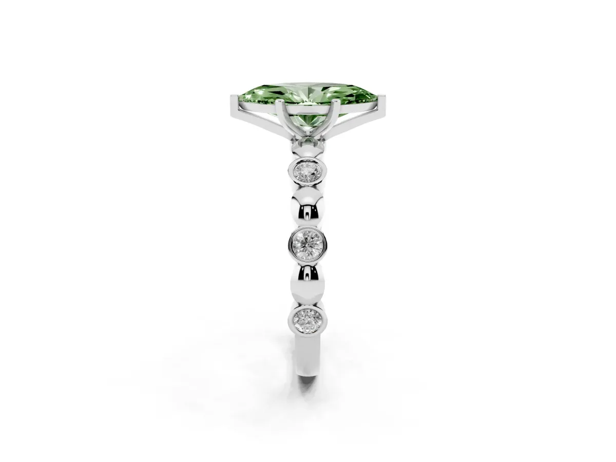 Fancy Green Marquise Cut Solitaire Bezel-Set Diamond Ring with Beaded Band and Four-Prong Setting Platinum
