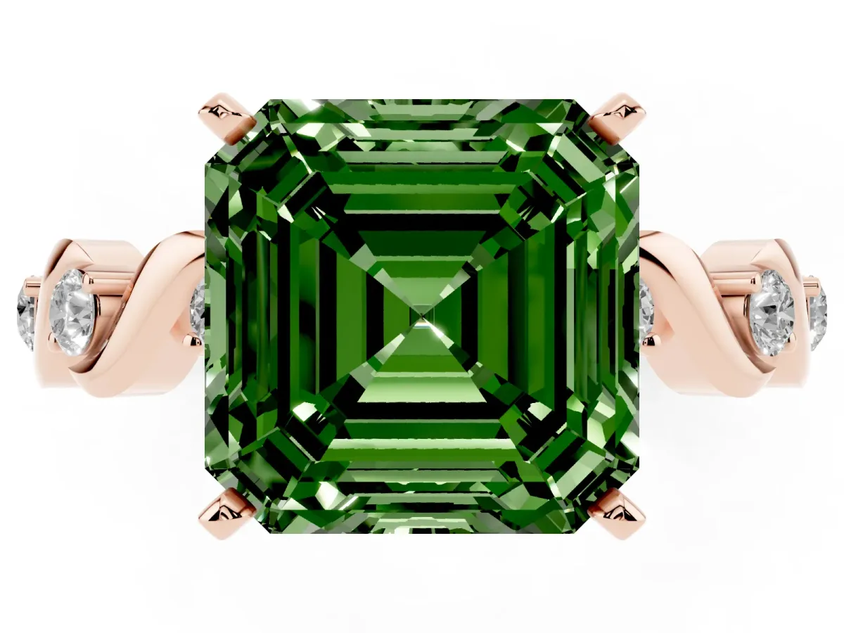 Fancy Green Asscher Cut Diamond Solitaire Twisted Band with Round Accents and Prong Setting Rose gold