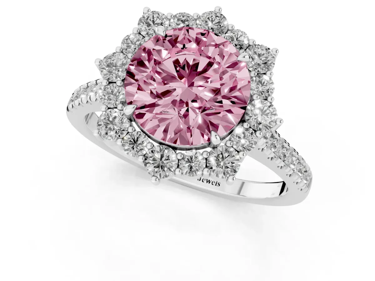 Fancy Pink Round Cut Halo Diamond Ring with Pavé Band and Prong Setting Silver