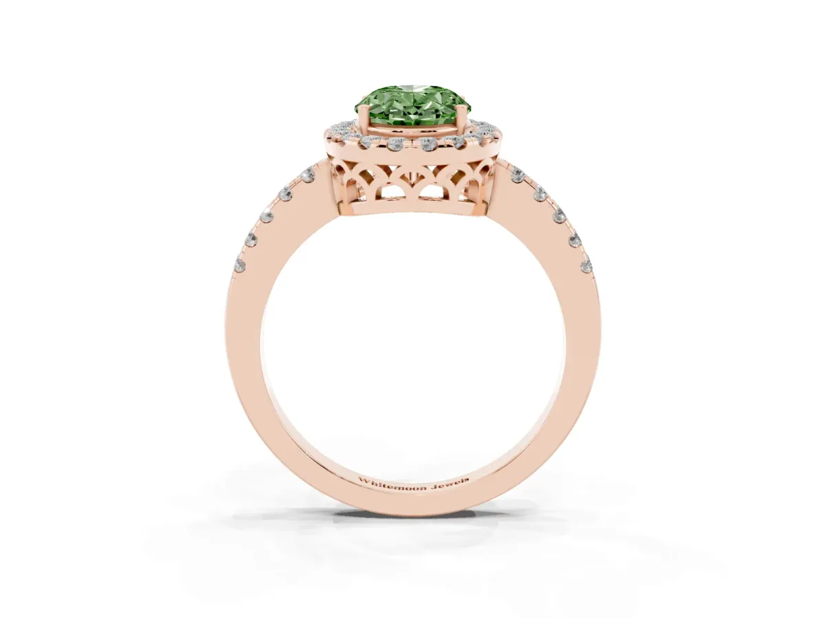 Fancy Green Oval Cut Halo Diamond Engagement Ring with Pavé Band and Four-Prong Setting Rose gold
