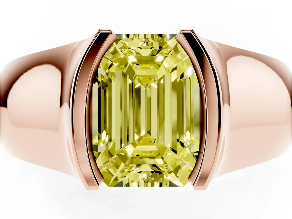 Fancy Yellow Emerald Cut Solitaire Bezel Set Diamond Ring with Wide Band Rose gold