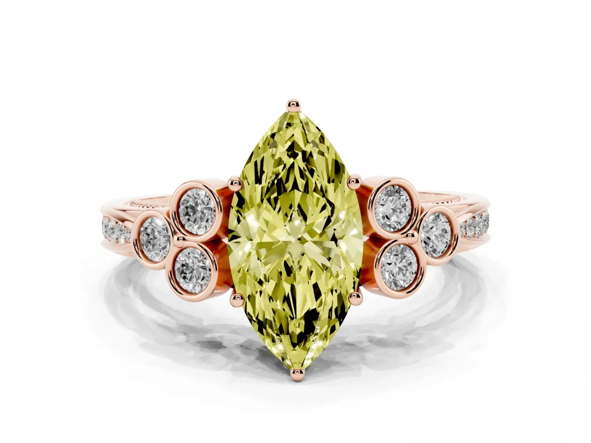 Fancy Yellow Marquise Cut Cut Diamond Engagement Ring with Bezel Set Round Side Stones and Prong Setting Rose gold