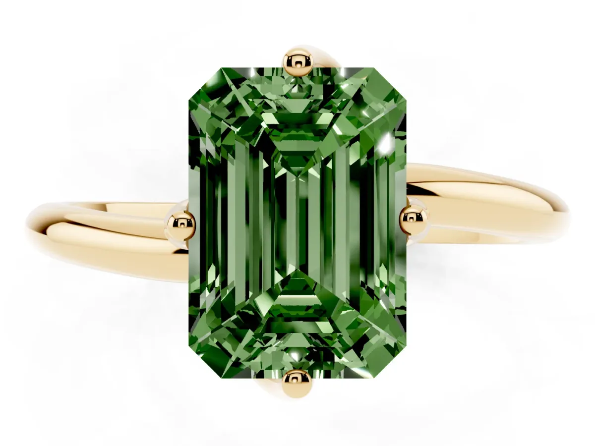 Fancy Green Emerald Cut Diamond Solitaire Engagement Ring with Four-Prong Setting and Classic Band Yellow gold