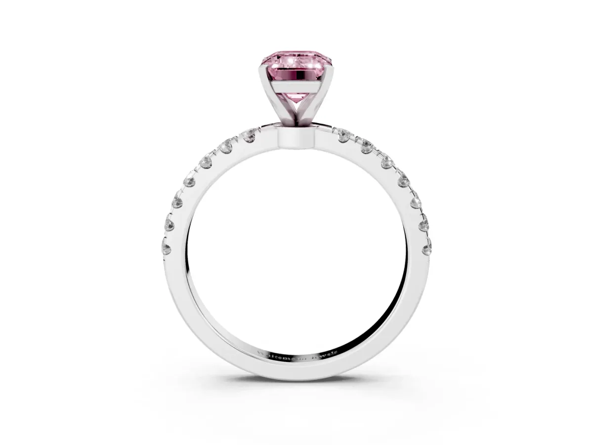 Fancy Pink Emerald Cut Diamond Solitaire Ring with Pavé Accents and Four-Prong Setting Platinum