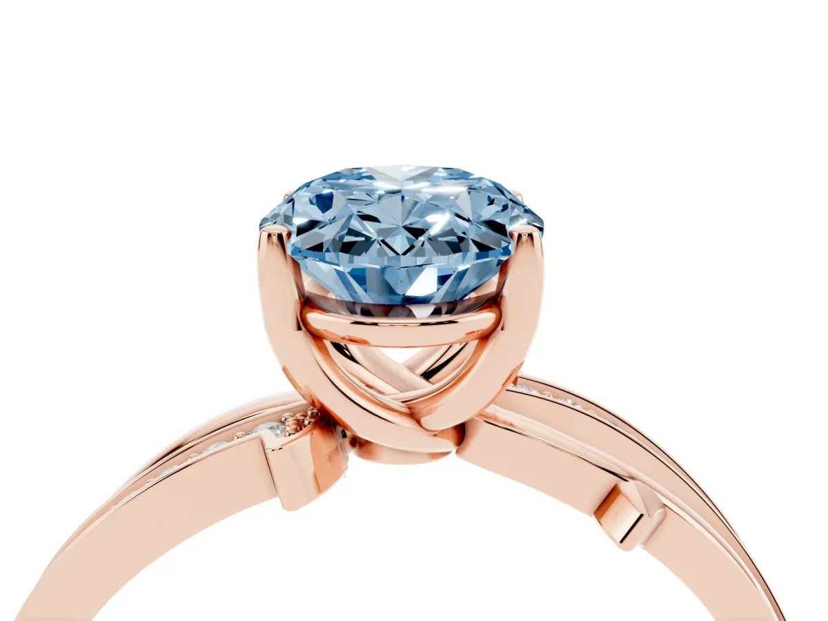 Fancy Blue Oval Cut Solitaire Twist Band with Pavé Accents and Four-Prong Setting Rose gold