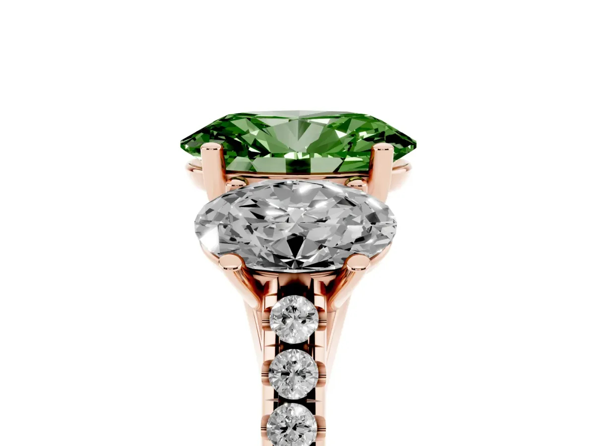 Fancy Green Three-Stone Oval Cut Diamond Ring with Round Pavé Band and Prong Setting Rose gold