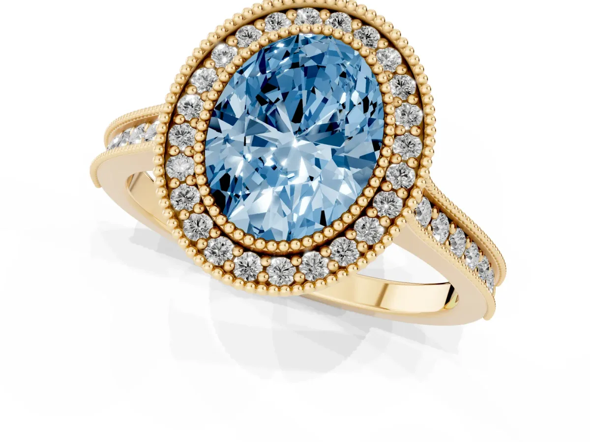 Fancy Blue Halo Oval Cut-Cut Diamond Pave Band Milgrain Prong Setting Ring Yellow gold