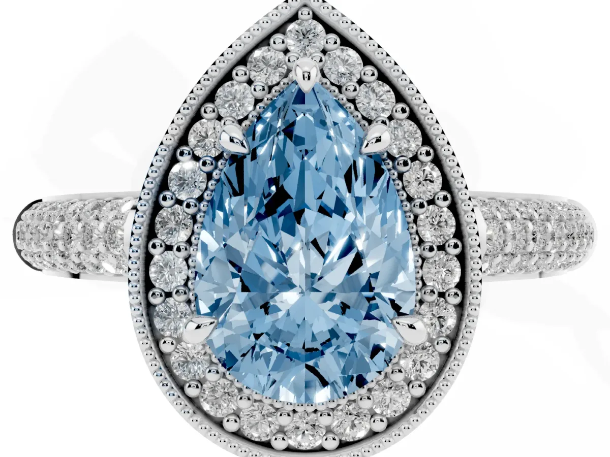 Fancy Blue Pear Cut Cut Halo Diamond Pave Band with Four-Prong Setting Silver