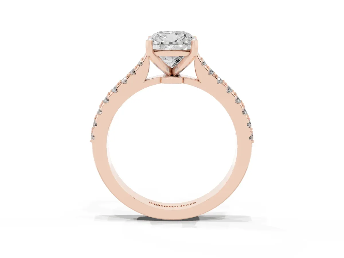 Cushion Cut Cut Solitaire Diamond Engagement Ring with Pave Band and Four-Prong Setting Rose gold