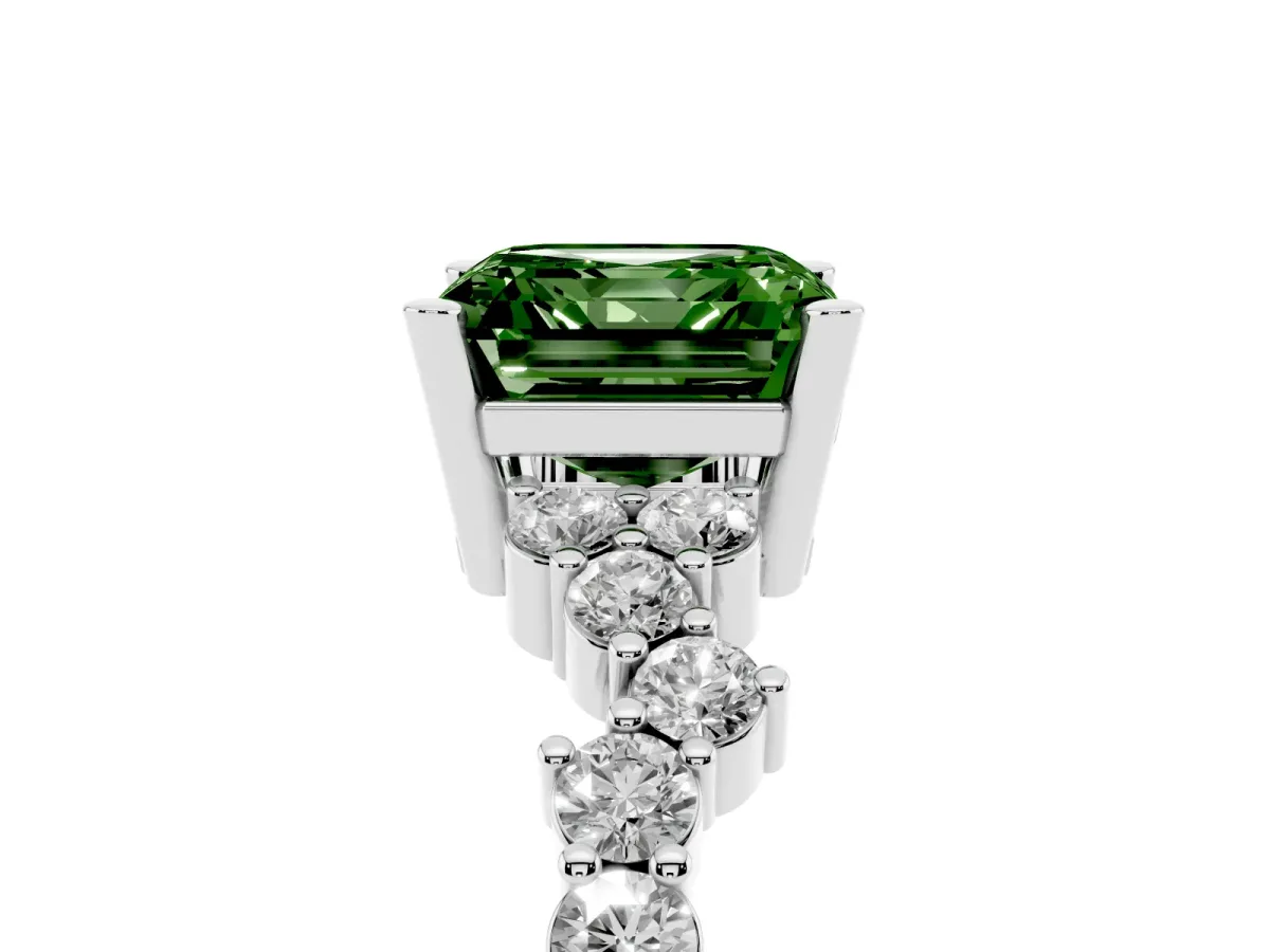 Fancy Green Asscher Cut Diamond Scattered Round Accent Ring with Prong Setting White gold