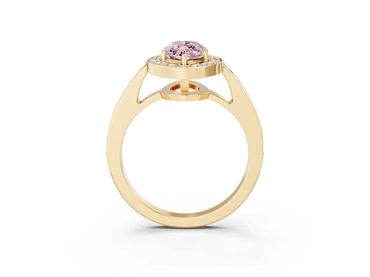 Fancy Pink Marquise Cut Halo Pavé Diamond Engagement Ring with Bezel Setting Yellow gold