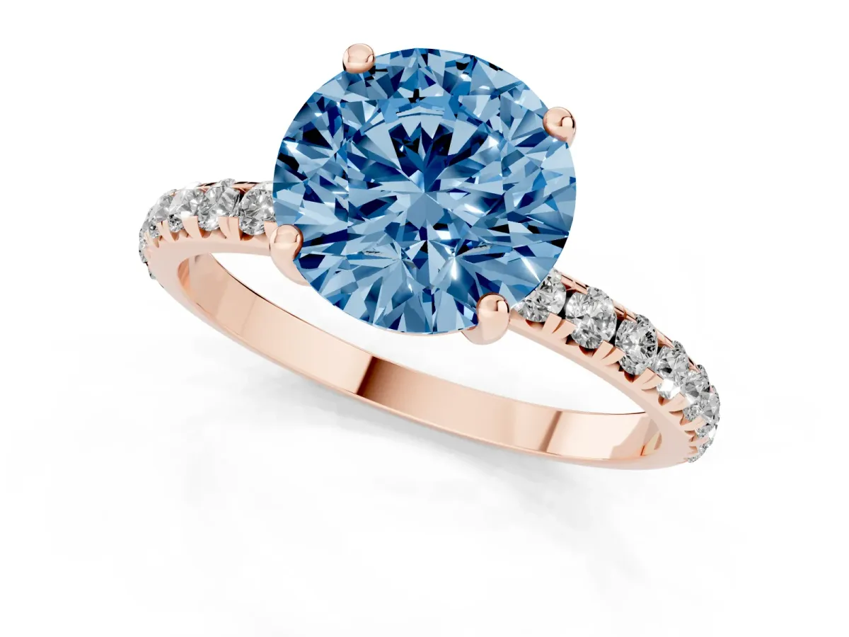 Fancy Blue Round Cut Cut Diamond Solitaire Ring with Micro Pave Band and Four Prong Setting Rose gold