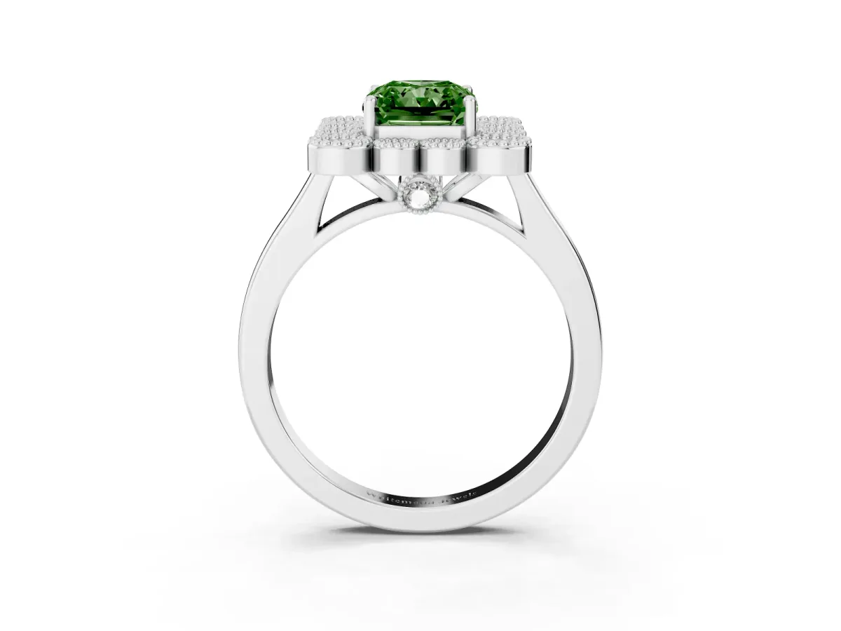 Fancy Green Radiant Cut Halo Diamond Cluster Engagement Ring with Milgrain Bezel Setting and Solitaire Band White gold