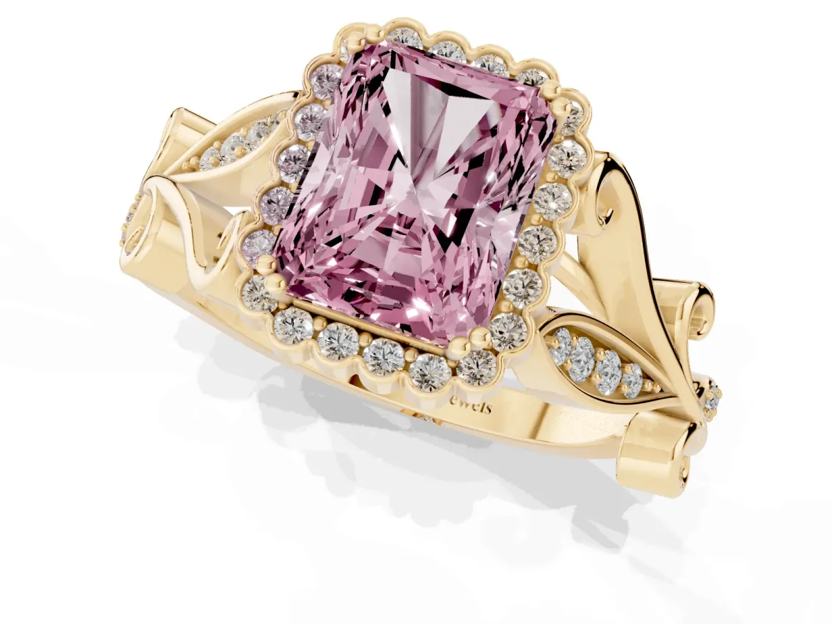 Fancy Pink Radiant Cut Diamond Halo Ring with Vintage Split Shank and Four-Prong Setting Yellow gold