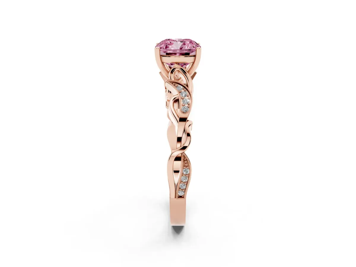Fancy Pink Cushion Cut Solitaire Vine Band with Milgrain Prong Setting Rose gold