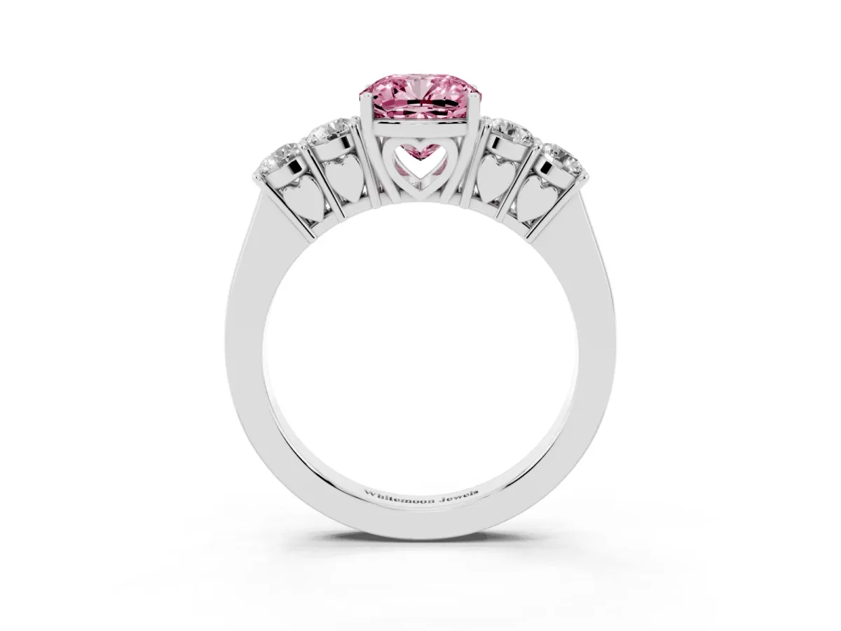 Fancy Pink Cushion Cut Cut Diamond Five-Stone Prong Set White Gold Ring Silver