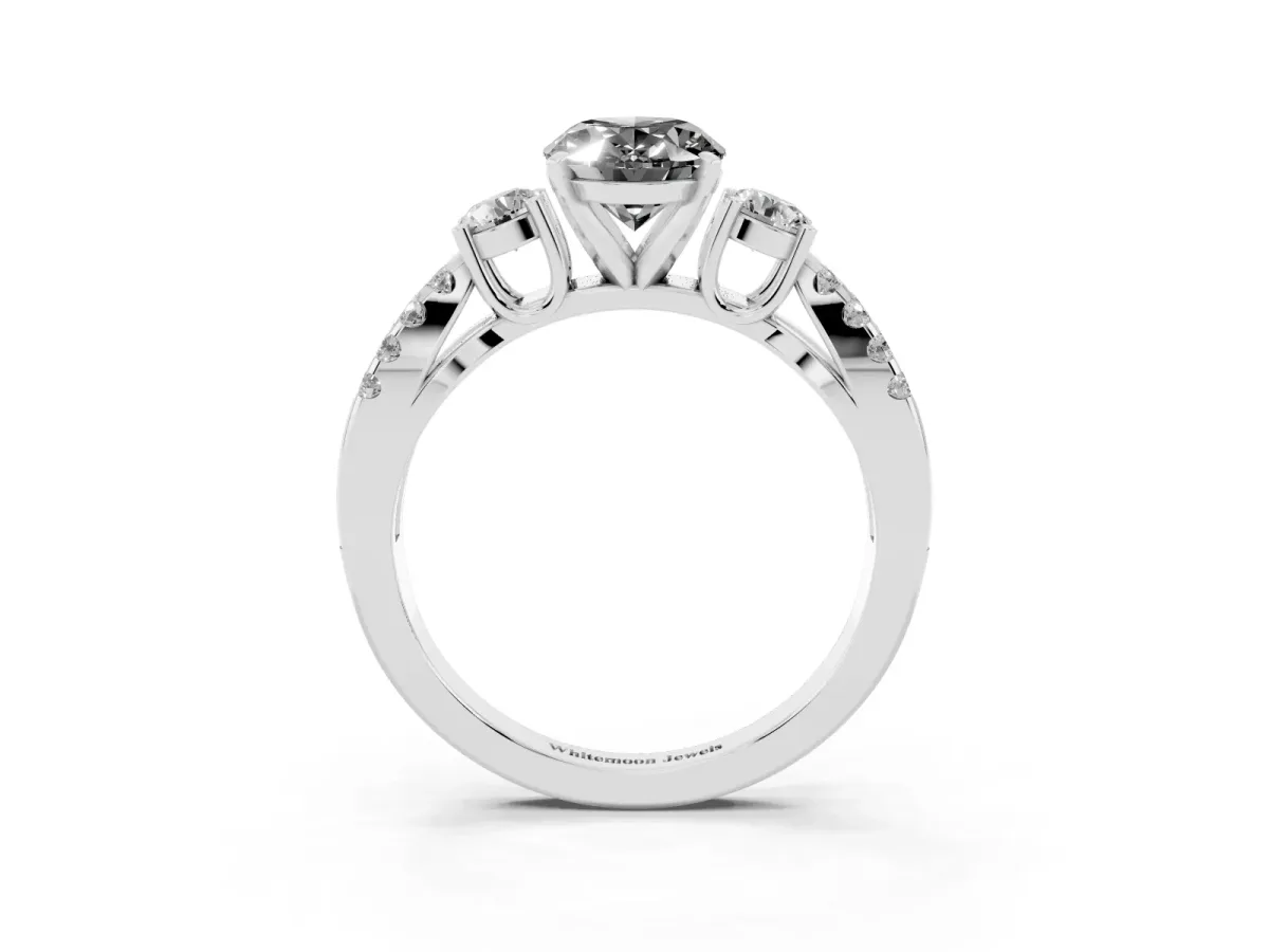 Fancy Black Oval Cut Diamond Three-Stone Ring with Pavé Split Shank and Four-Prong Setting Silver