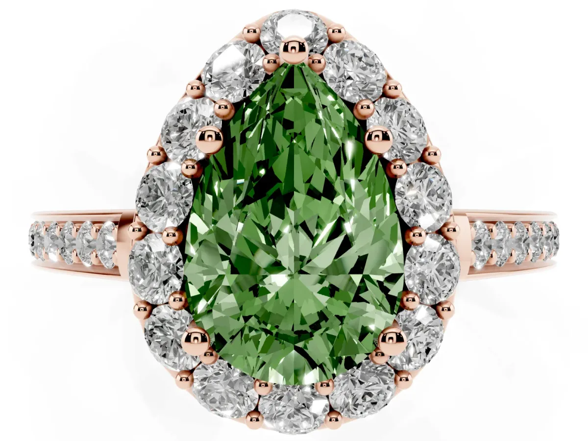 Fancy Green Pear Cut Diamond Floral Halo Ring with Pavé Band and Prong Setting Rose gold