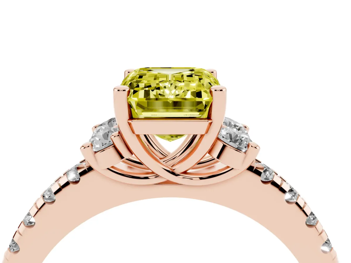 Fancy Yellow Emerald Cut Diamond Three-Stone Pave Band with Four-Prong Setting Rose gold