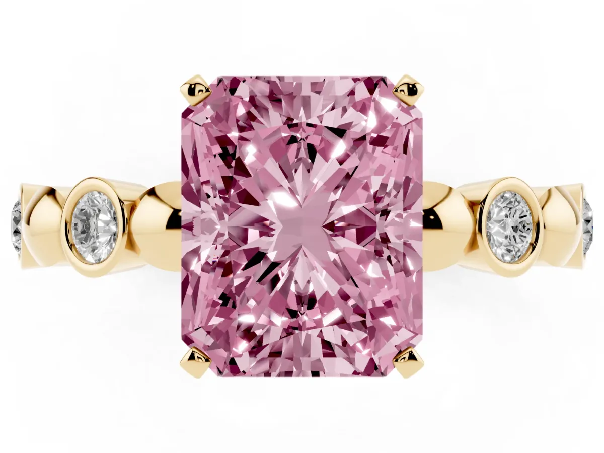 Fancy Pink Radiant Cut Solitaire Bezel-Set Diamond Ring with Beaded Band and Four-Prong Setting Yellow gold