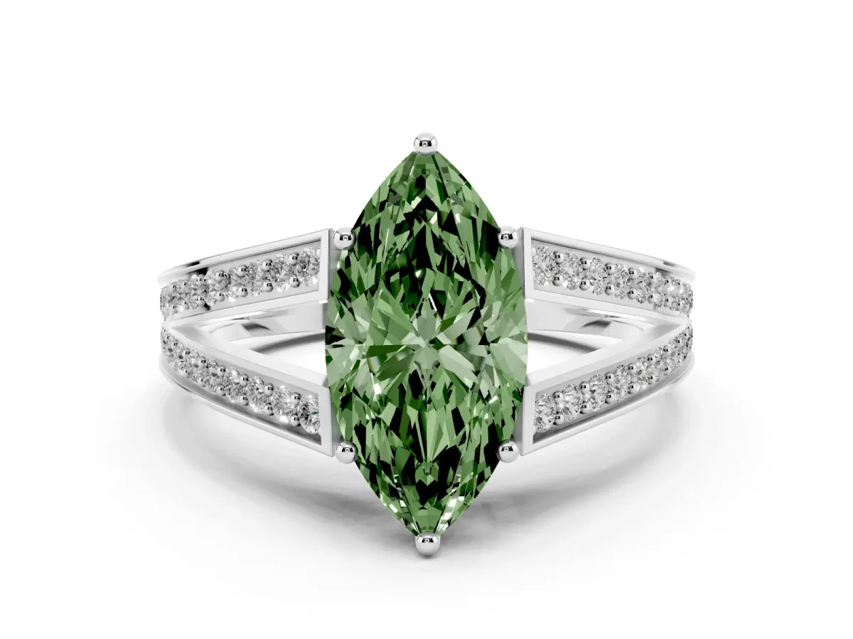 Fancy Green Marquise Cut Diamond Split Shank Ring with Pavé Band and Four-Prong Setting White gold
