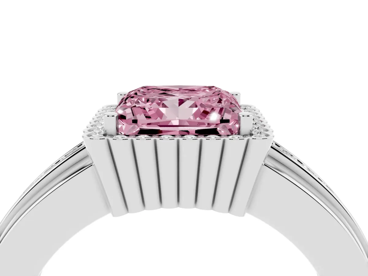 Fancy Pink Princess Cut Cut Halo Pave Band Four-Prong Ring Platinum