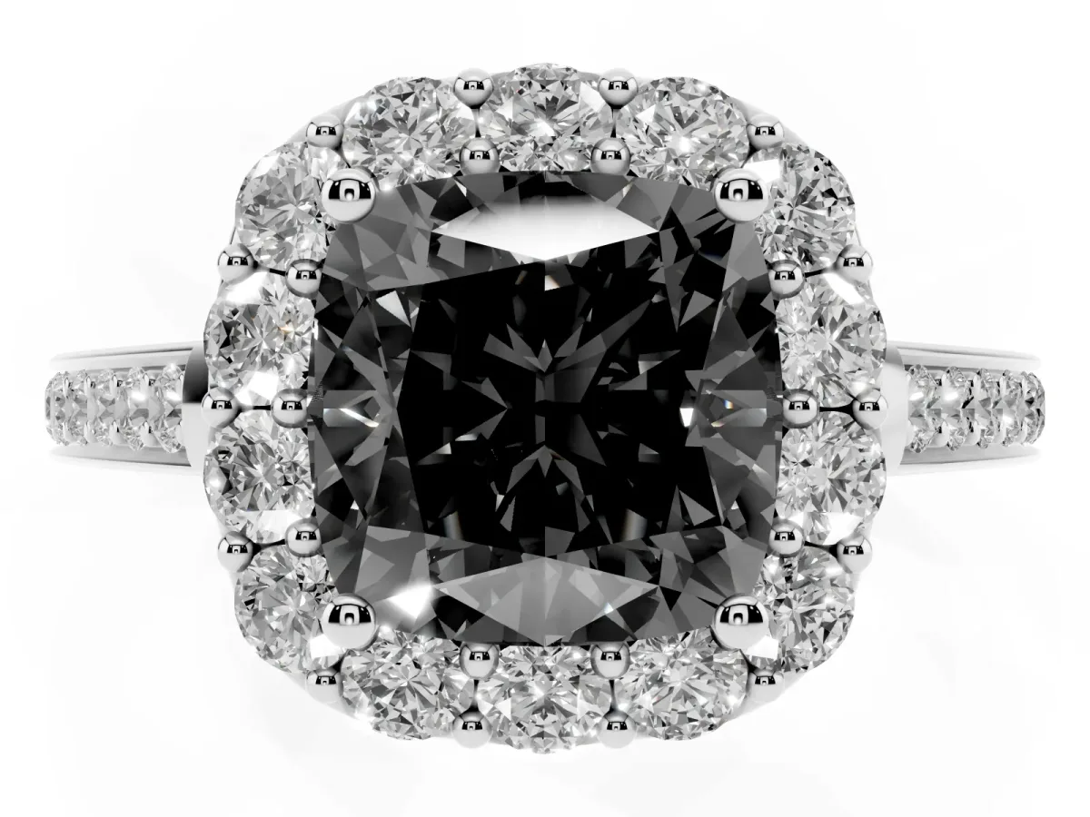 Fancy Black Cushion Cut Diamond Floral Halo Ring with Pavé Band and Prong Setting White gold
