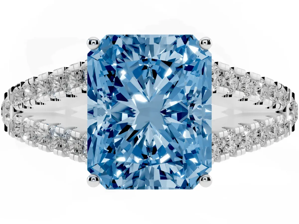 Fancy Blue Radiant Cut Diamond Split Shank Pavé Engagement Ring with Four-Prong Setting White gold