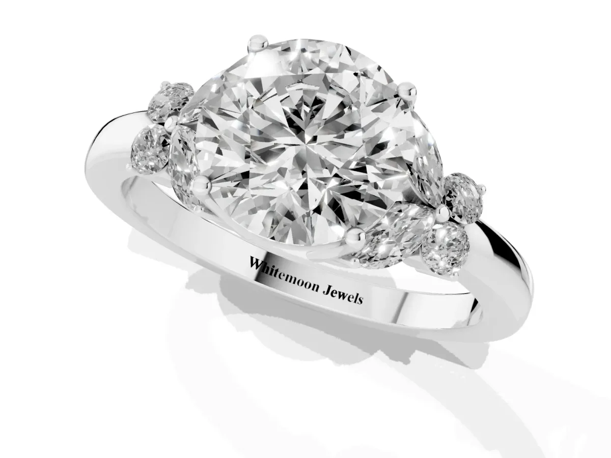 Round Cut Cut Solitaire Floral Diamond Ring with Four-Prong Setting Platinum