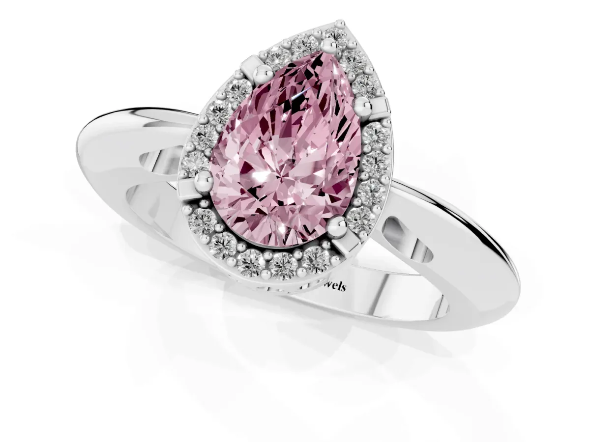 Fancy Pink Pear Cut Cut Diamond Halo Engagement Ring with Split Shank and Four-Prong Setting Silver