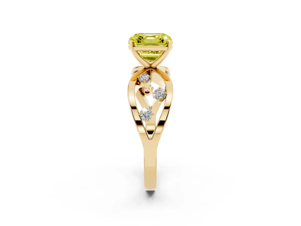 Fancy Yellow Asscher Cut Cut Solitaire Diamond with Side Stones on Criss-Cross Band and Four-Prong Setting Yellow gold