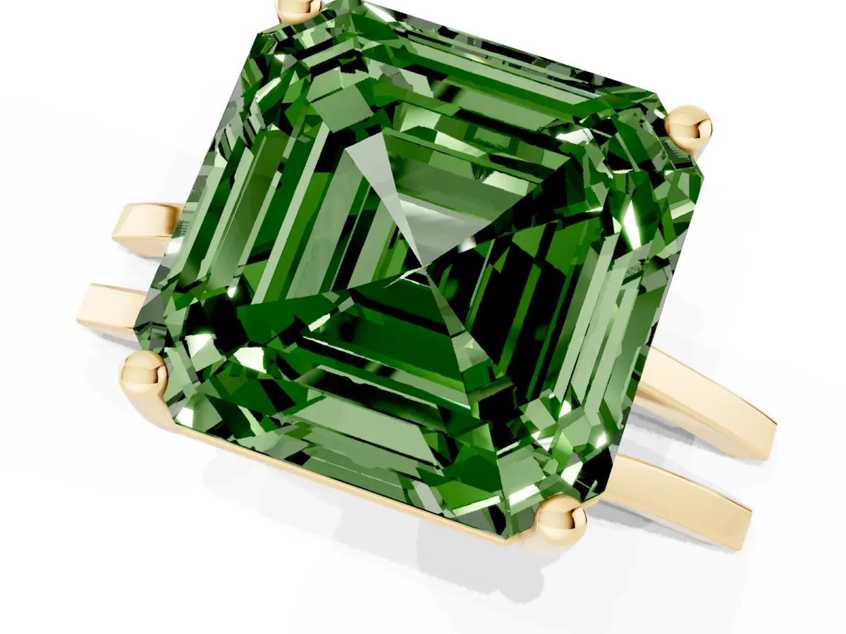 Fancy Green Asscher Cut Cut Diamond Solitaire Engagement Ring with Tapered Plain Band and Four-Prong Setting Yellow gold