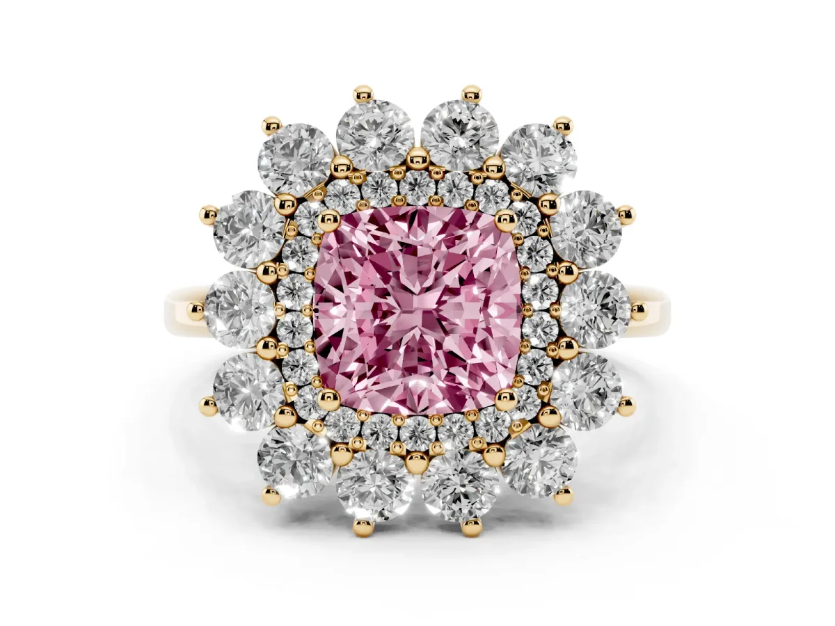 Fancy Pink Cushion Cut Diamond Floral Double Halo Engagement Ring with Prong Setting Yellow gold