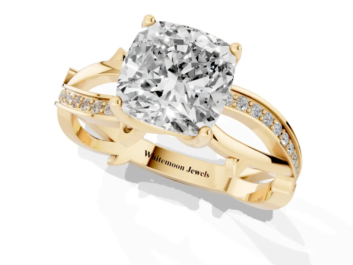 Cushion Cut Solitaire Twist Band with Pavé Accents and Four-Prong Setting Yellow gold