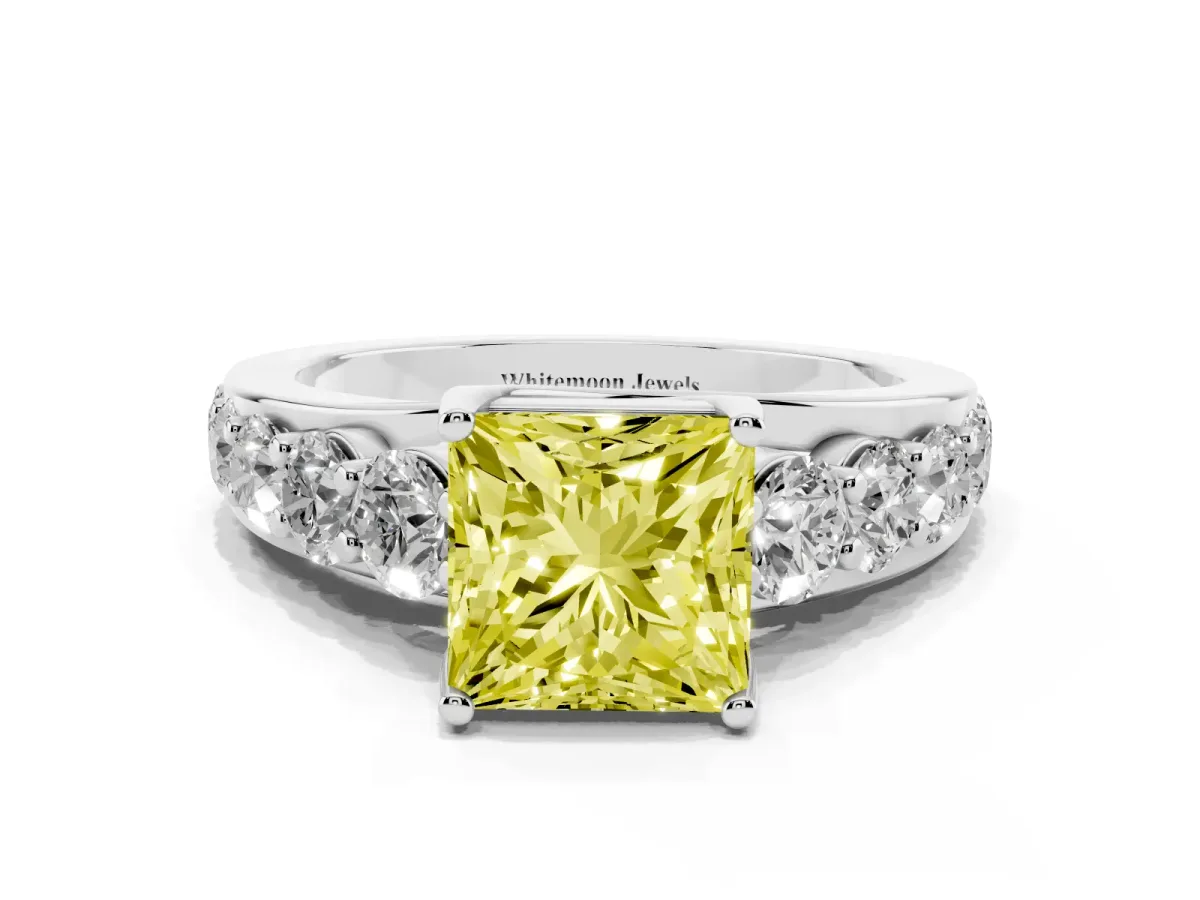 Fancy Yellow Princess Cut Diamond Engagement Ring with Pavé Band and Four-Prong Setting Silver