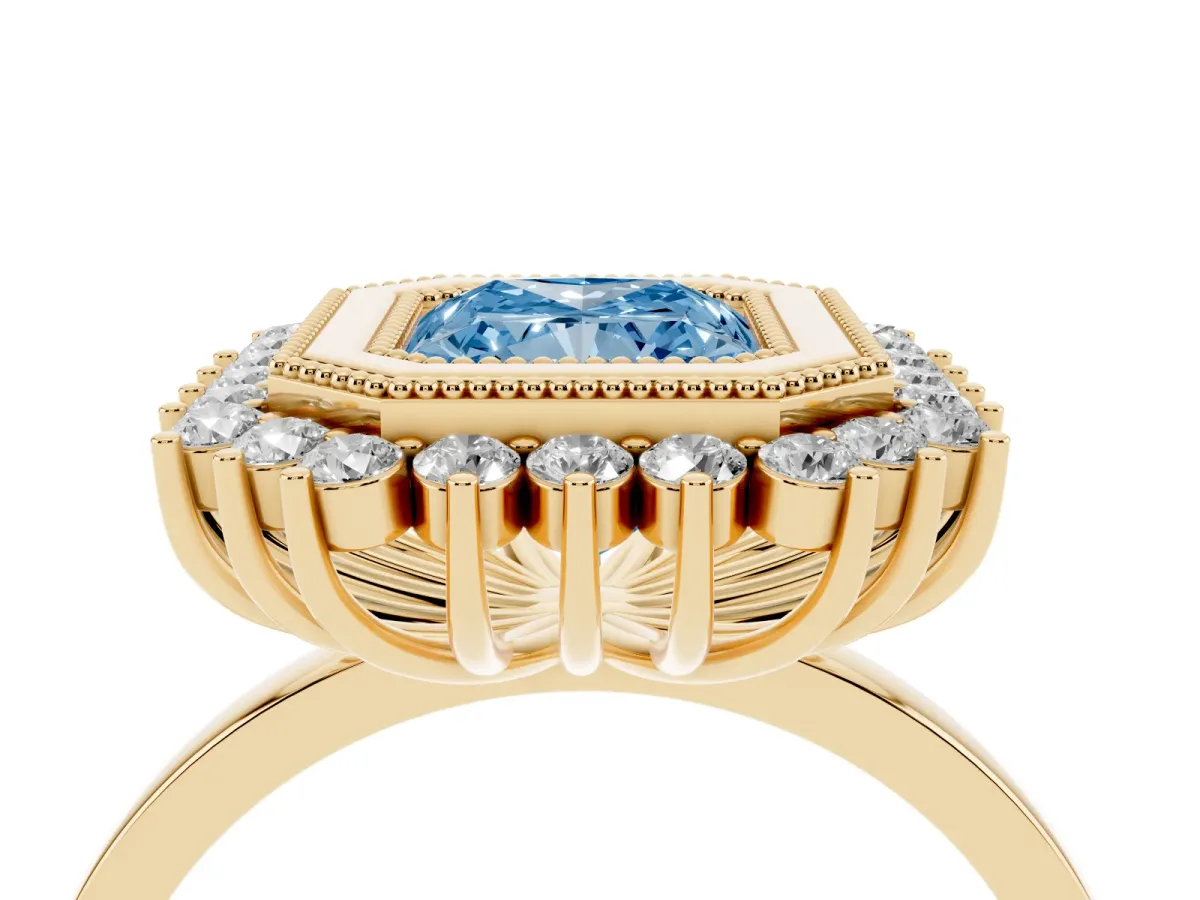 Fancy Blue Radiant Cut Halo Diamond Ring with Milgrain Edge and Round Prong Setting Yellow gold