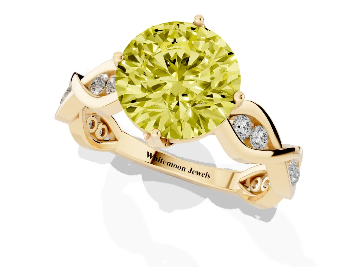 Fancy Yellow Round Cut Solitaire Twist Band with Leaf Prong Setting Yellow gold
