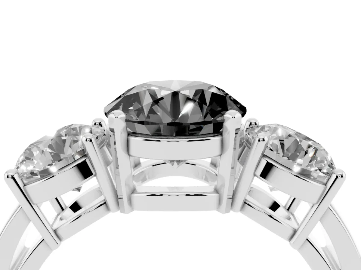 Fancy Black Three-Stone Round Cut Diamond Ring with Round Side Stones, Classic Band, and Four-Prong Setting Platinum