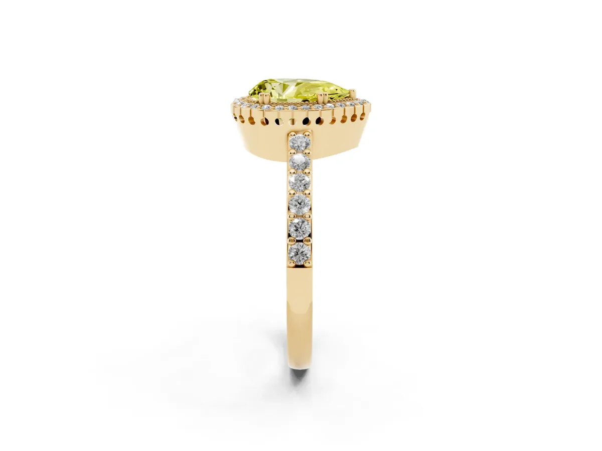 Fancy Yellow Pear Cut Cut Diamond Halo Engagement Ring with Milgrain Detail and Pavé Band Yellow gold