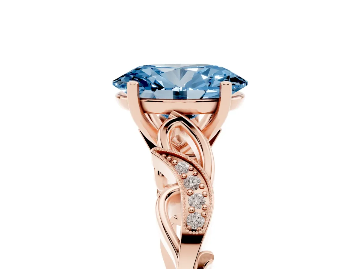 Fancy Blue Oval Cut Solitaire Vine Band with Milgrain Prong Setting Rose gold