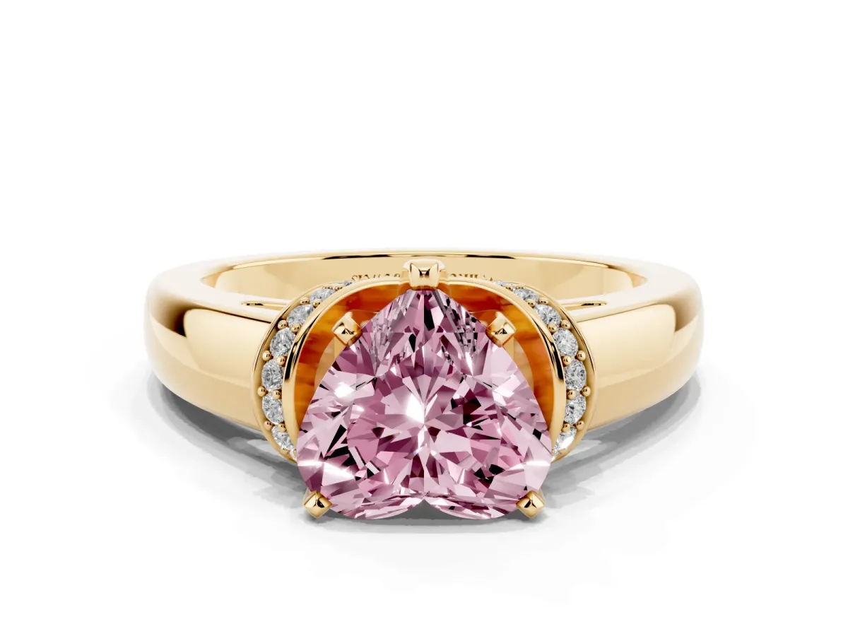 Fancy Pink Heart Cut Solitaire Diamond Ring with Pave Band and Six-Prong Setting Yellow gold