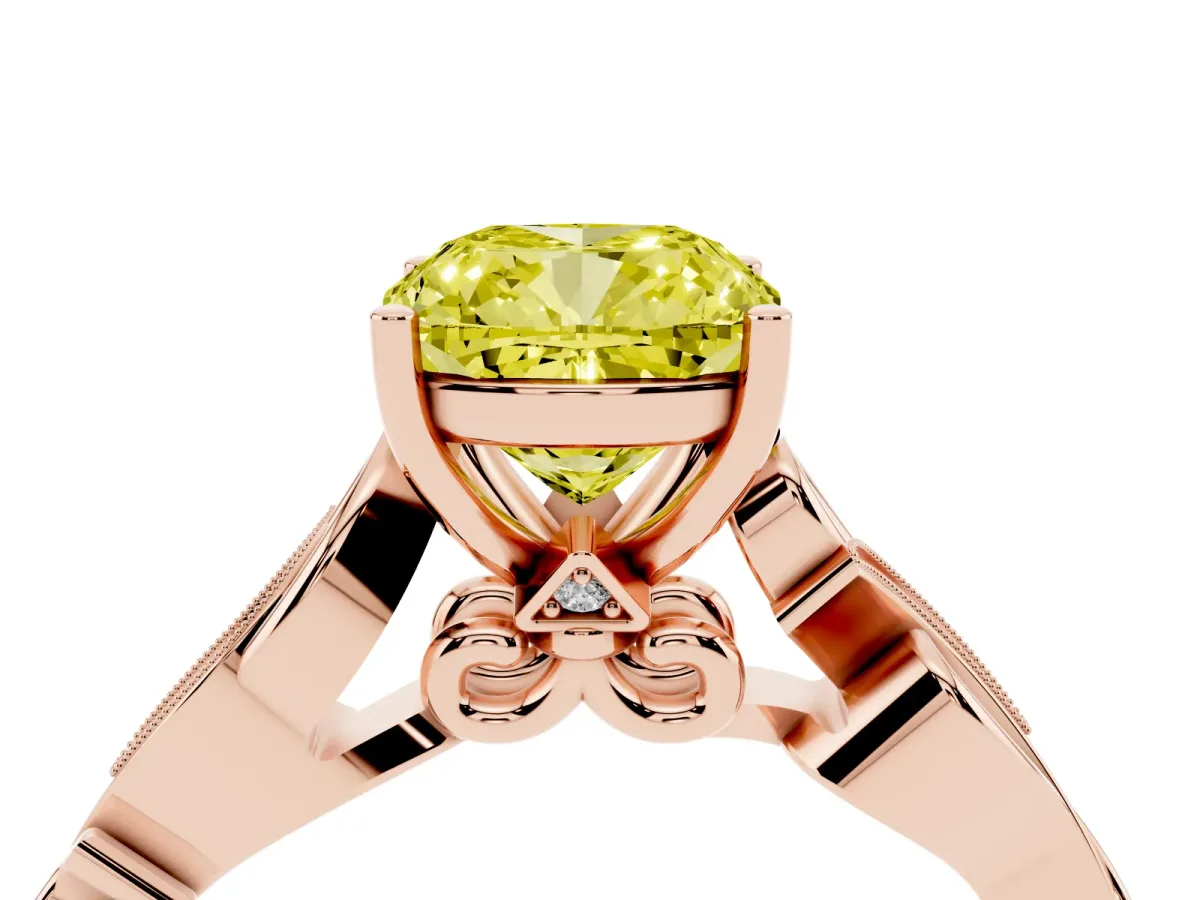 Fancy Yellow Cushion Cut Solitaire Vine Band with Milgrain Prong Setting Rose gold