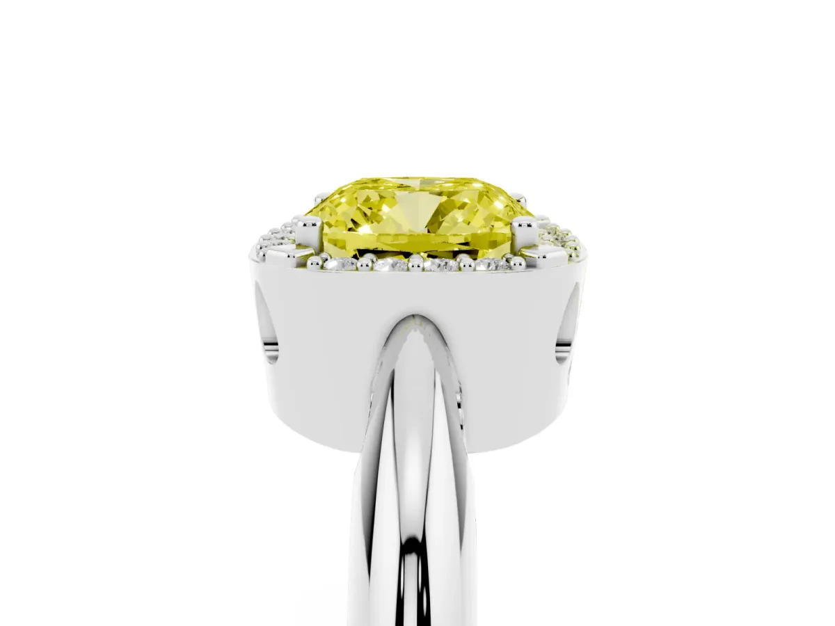 Fancy Yellow Cushion Cut Cut Diamond Halo Engagement Ring with Split Shank and Four-Prong Setting Platinum