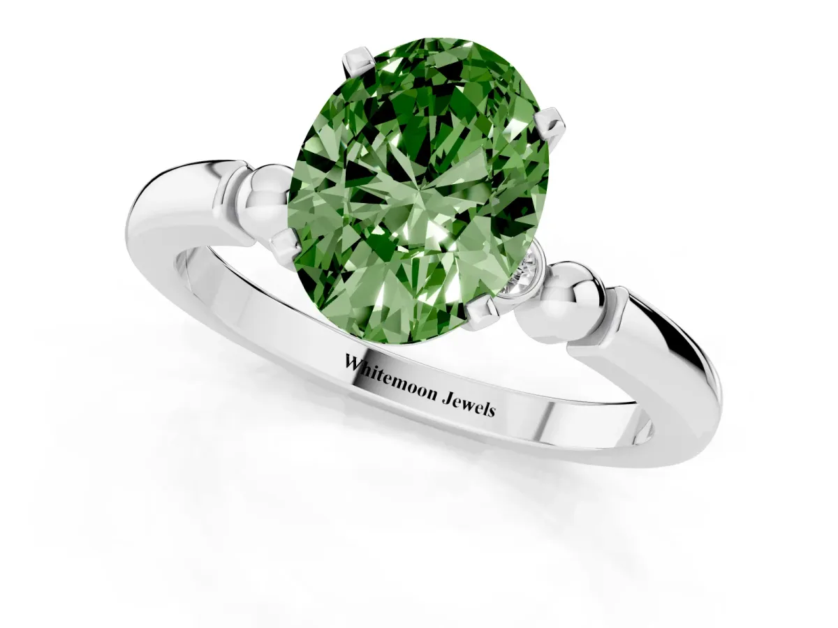 Fancy Green Oval Cut Solitaire Beaded Band with Four-Prong Setting Platinum