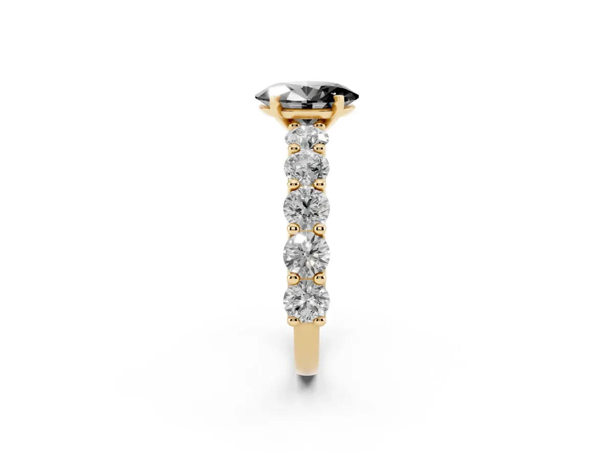 Fancy Black Oval Cut Diamond Prong Setting with Side Stones on a Pave Band Yellow gold