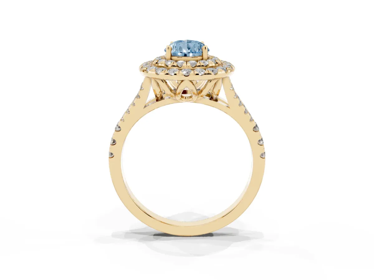 Fancy Blue Double Halo Pear Cut Diamond Pavé Split Shank Ring with Prong Setting Yellow gold