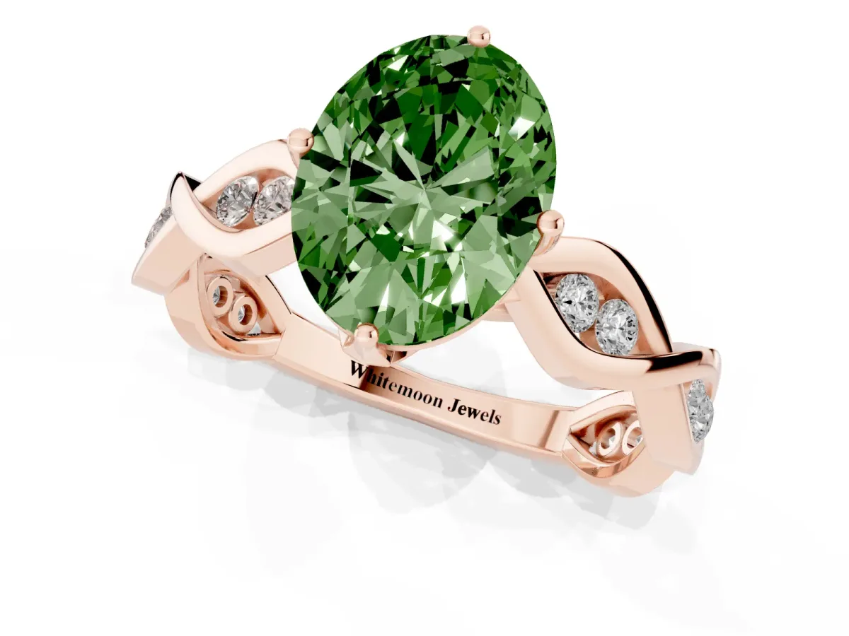 Fancy Green Oval Cut Solitaire Twist Band with Leaf Prong Setting Rose gold