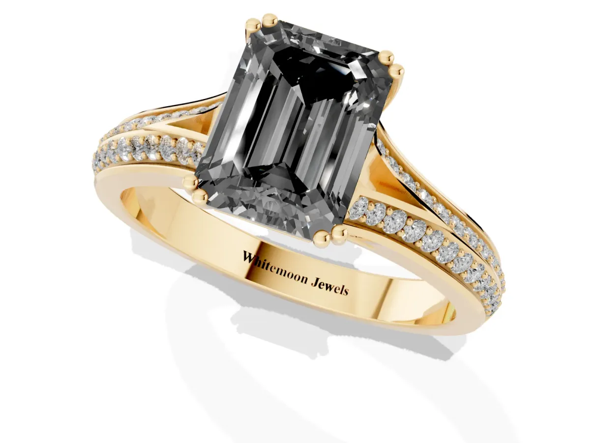 Fancy Black Emerald Cut Diamond Split Shank Engagement Ring with Pavé Band Yellow gold